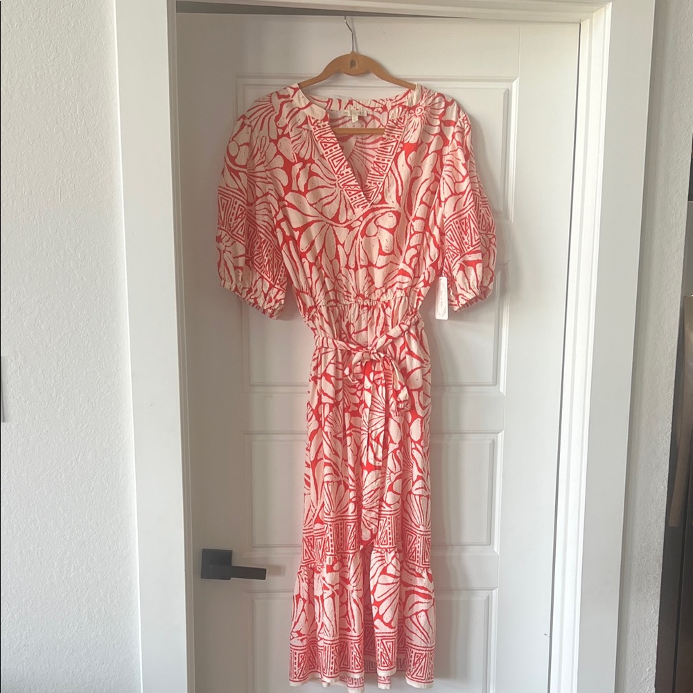 fig and flower Coral and White Printed Midi Dress